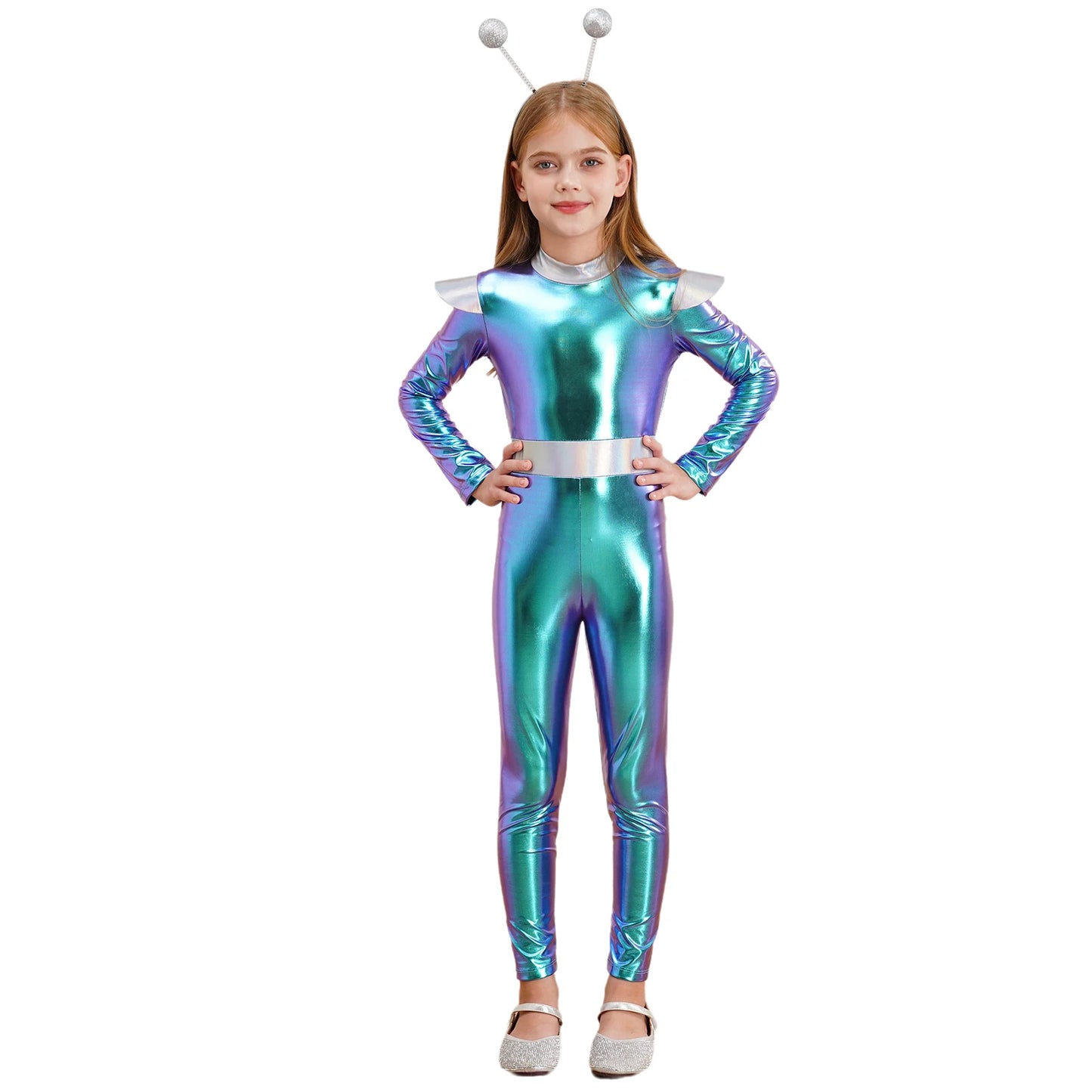 Kids Boys Girls Halloween Carnival Alien Cosplay Performance Costume Long Sleeve Metallic Shiny Space Jumpsuit with Hair Hoop