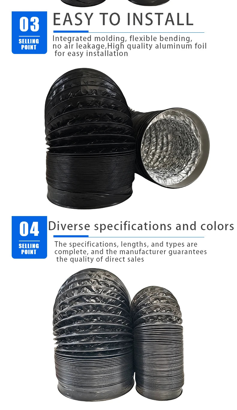 Black Exhaust Flexible Duct with Venting Aluminum Hose, Range Hood Ventilation Fan Hose, Ventilation Pipe, Flexible Aluminum Duct, Four-Layer Protection for Heating, Cooling, Ventilation, and Exhaust Pipes, Hvac Ducting, Fres