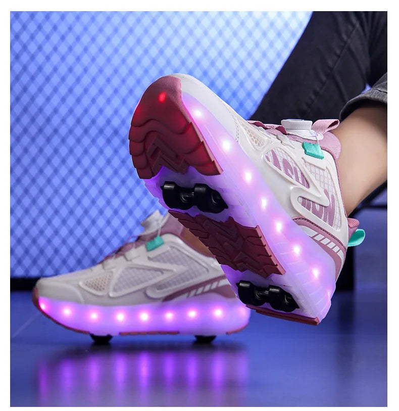 Children's Roller Skate Shoes 4-Wheels Removable Wheeled Rolling Shoes for Kids with LED Light Inline Skate Sneaker