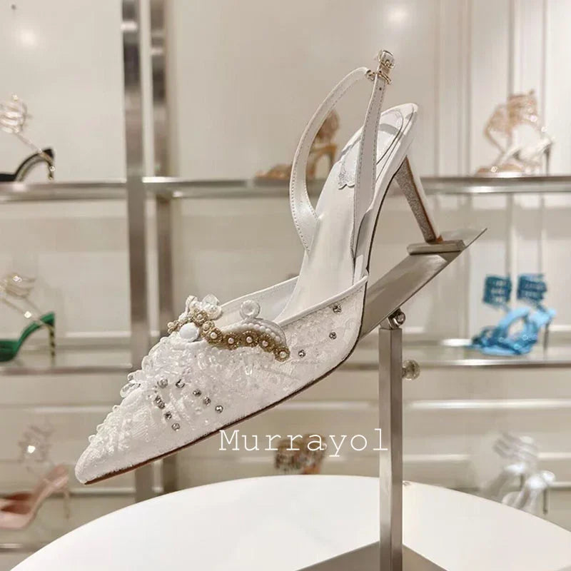 Pointed Toe Lace Gauze Thin High Heels Sandals Women Shine Rhinestone Decor Sandalias Summer Party Dress Wedding Shoes Pumps