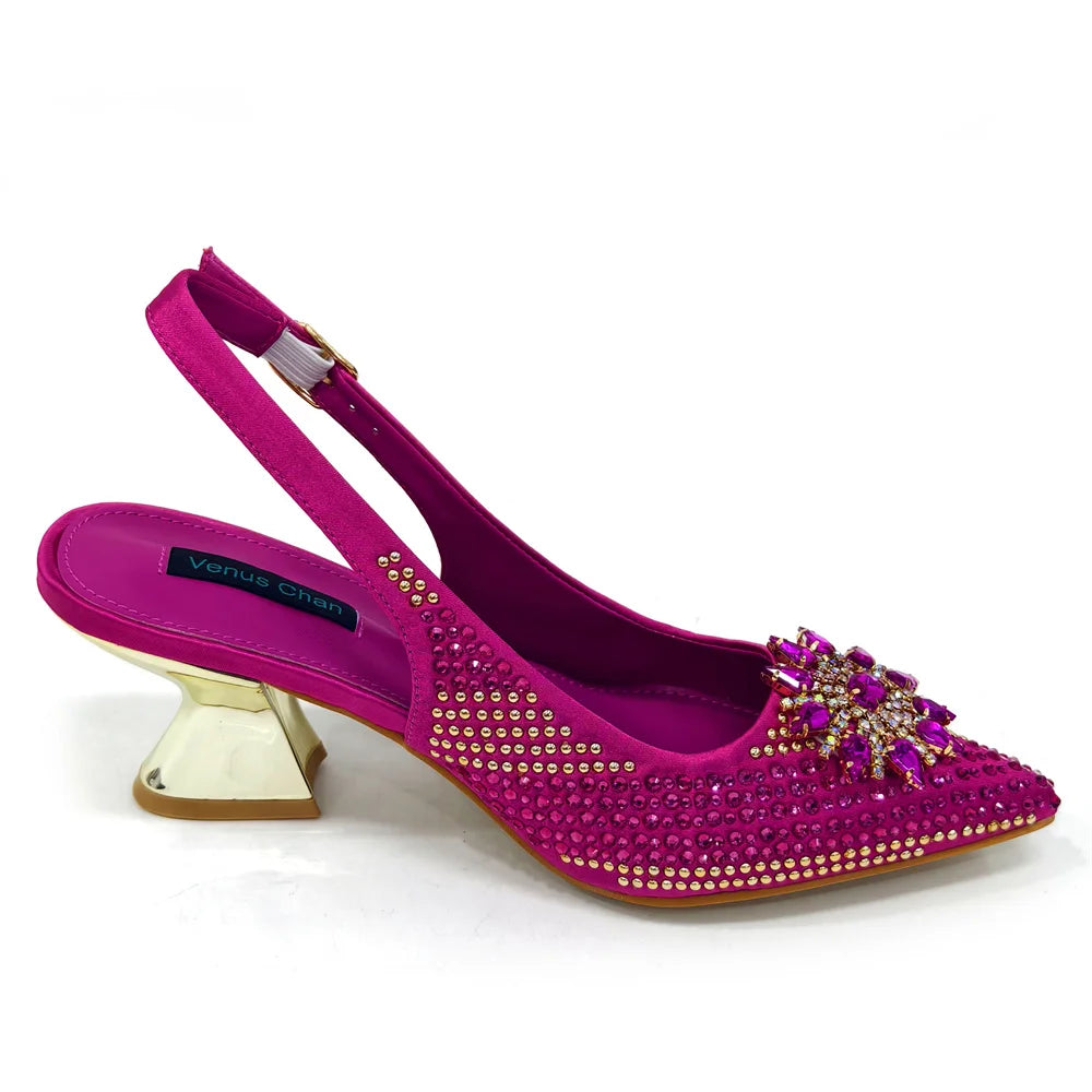 2024 New Designer Specials Italian Women Heels Shoes and Bag Set Royal Purple Color Comfortable With Rhinestone for Party