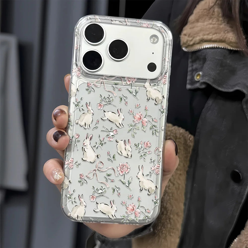 Cute Bunny Pink Floral Lichee Pattern Phone Case For IPhone 17 Air 16 15 Plus 14 Pro Max 11 12 13 Cute Shockproof Bumper Cover