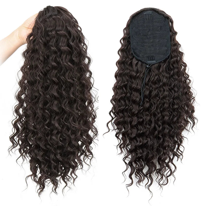 Synthetic 18Inch Long Kinky Curly Ponytail Drawstring Clip in Hair Extension Puff Afro Black Brown Hairpiece for Women
