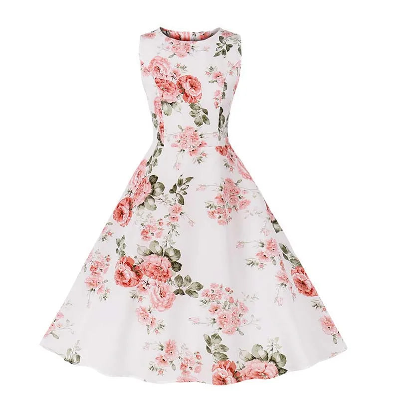 Sleeveless Floral Print Summer Dress Women Elegant Vintage Casual O Neck A Line Midi Party Sundress Vestidos With Belt