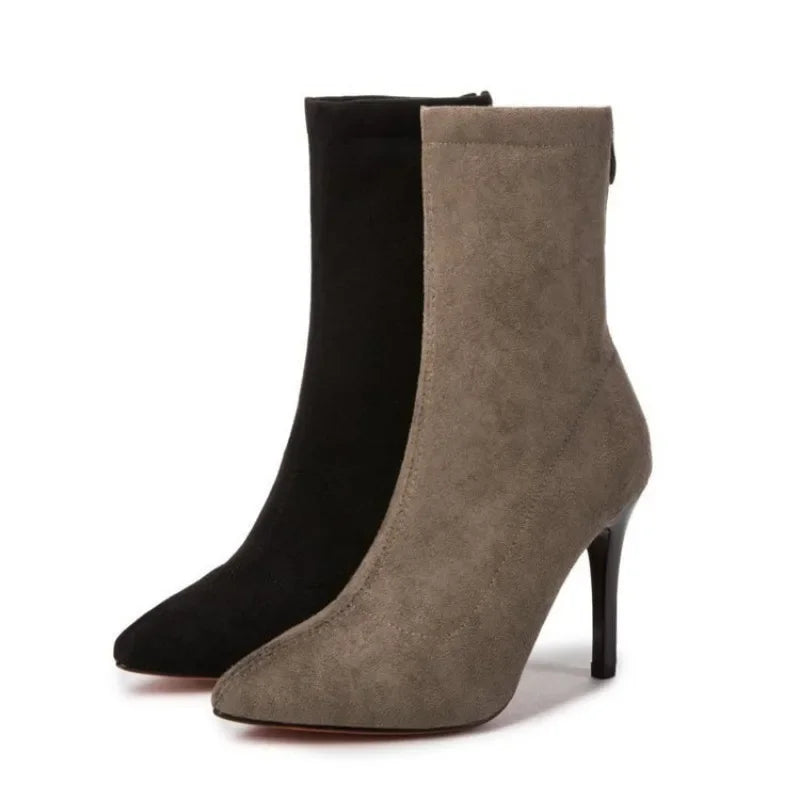 2024 Women Boots Short High Heels Shoes for Women Autumn Suede Imitation Leather Ankle Boots Black Sock Women Heels Boots Female