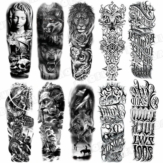 BAOFUL Full Arm Sleeve Temporary Tattoos For Women Men Realistic Wolf Lion Warrior Maori Fake Tattoo Stickers Thigh Leg Tatoos