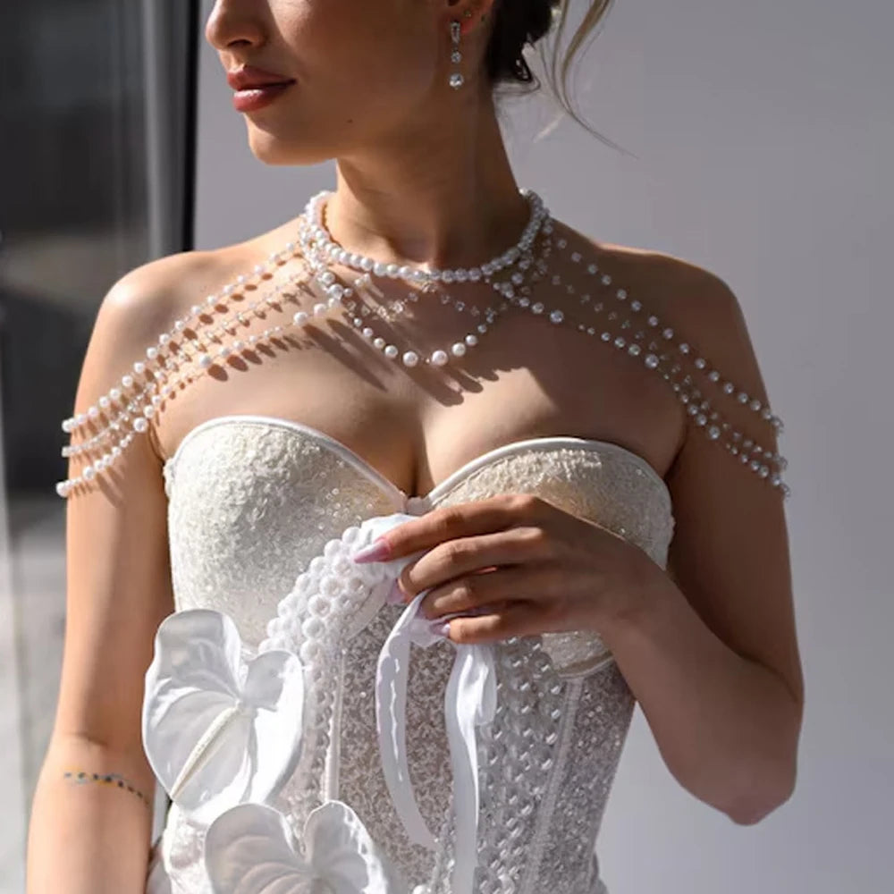 Multilayer Pearl Shoulder Chain Necklace Dress Women Accessories Elegant Banquet Rhinestone Bridal Body Chain Wedding Jewelry
