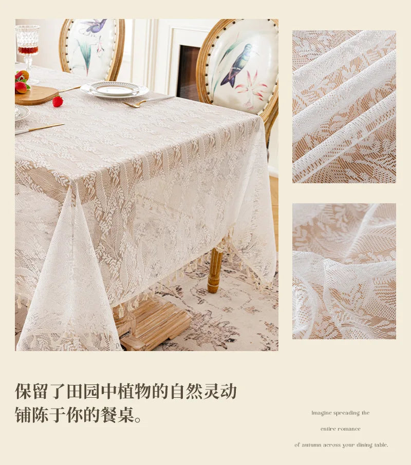 French Rose Lace Tablecloth, Rectangular Dining Tablecloth, Home Coffee Table Wedding Decoration Cover,