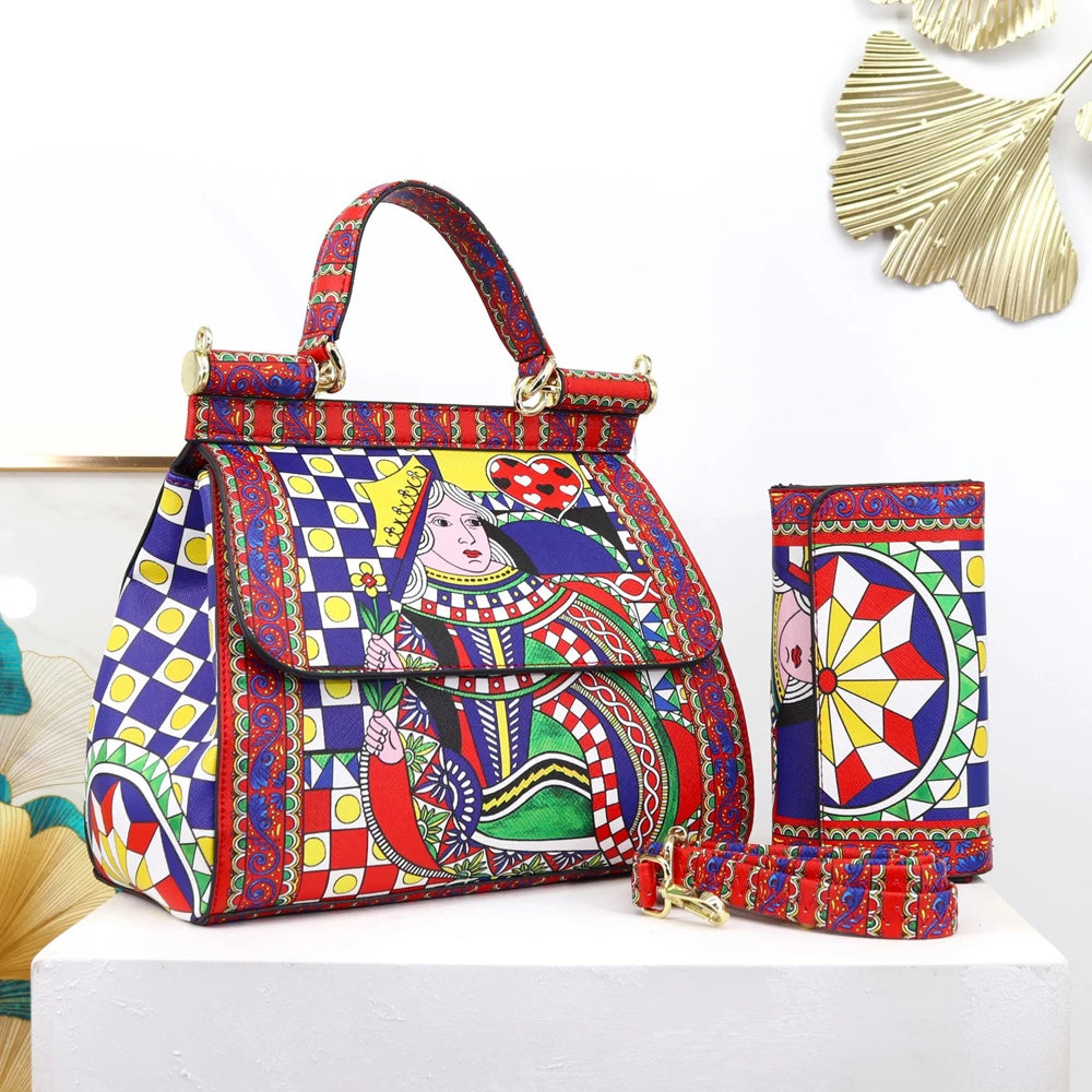 Luxury Women Bags Leather Vintage Painting Art Purse Handbags Girl Shoulder Bag Fashion Cross Body Messenger Bag Female Totes