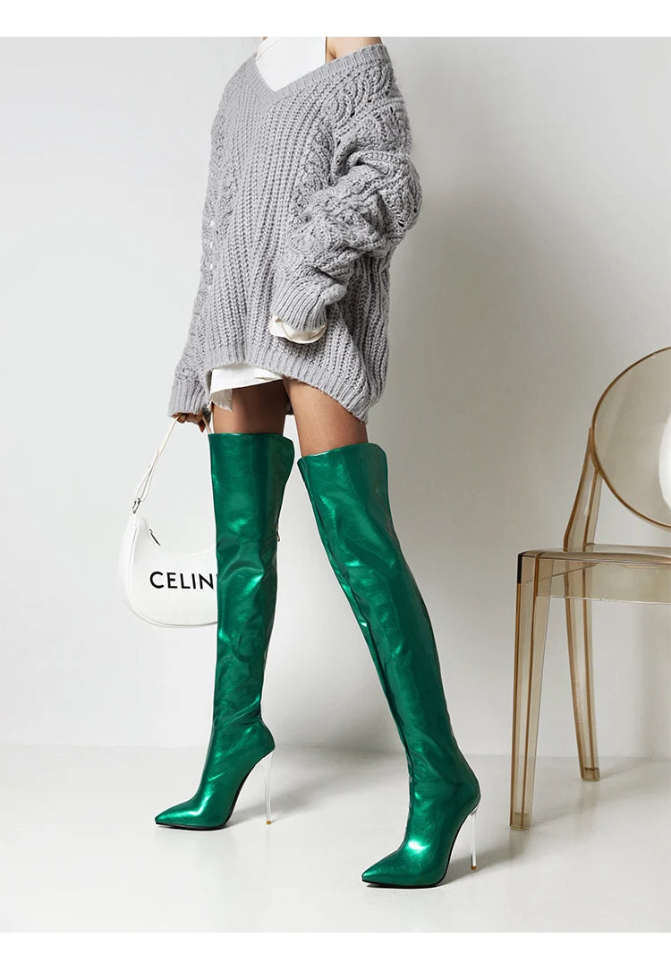 Long Boots for Women Dark Blue Pointed Toe Metal Stiletto Heel Patent Leather Over-the-Knee Female Shoes Large Size Short Plush