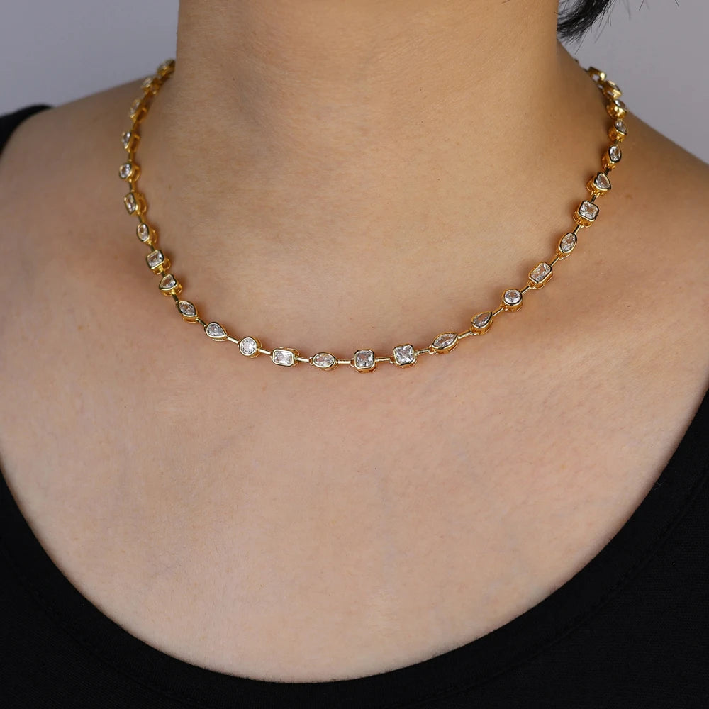 2025 New Trendy Women Jewelry Gold Color Geometric Various Shaped Bezel 5A Sparking CZ Tennis Chain Bracelet Necklace Set