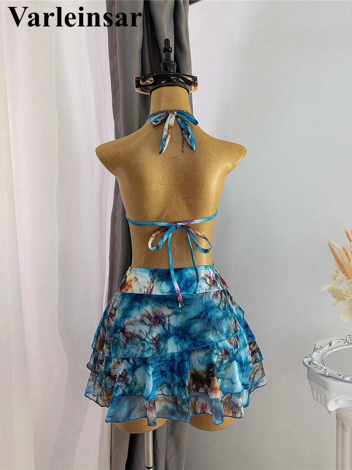 S - XL With Skirt Printed Halter Bikini Female Swimsuit Women Swimwear Three-Pieces Bikini Set Bather Bathing Suit Swim V8184