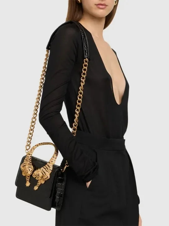 2026 New Luxury Designer Handbag for Women Crocodile Effect Leather Tiger-sculpted Top Handle Fashion Evening Shoulder Bag