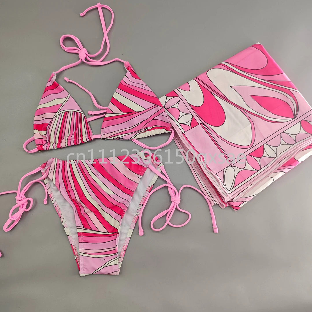 Women's Pink Headband Scarf Swimsuits with Letter Signature Logo Lady Headband Scarf Bikini Sets Beachwear Swimwear