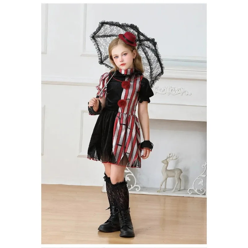 Halloween Cosplay Costumes Horror Clown Dresses Pants Headwear Clothes Sets Carnival Theme Party Role Playing Outfits for Girls