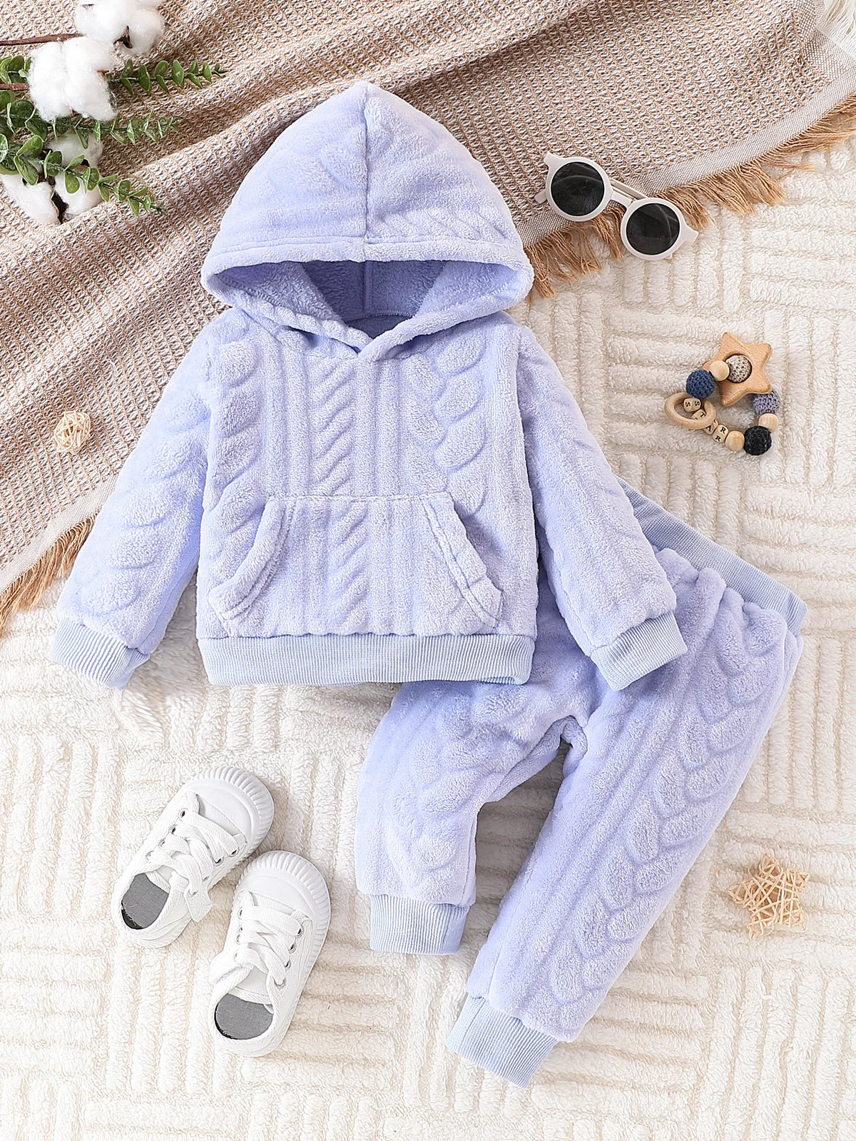 Baby 3M-24M Fleece 2Pcs Outfit Set Hooded Sweatshirt + Pants Solid Cable Texture Warm Autumn Winter Infant Casual Clothes