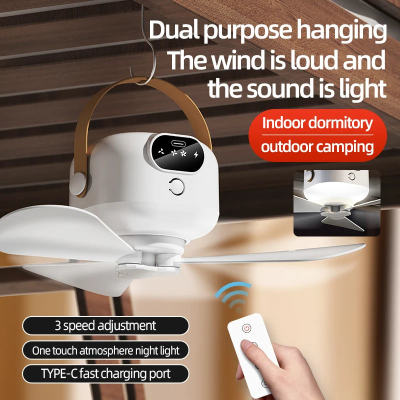 Portable Mini Ceiling Fans Outdoor Camping Fan Tent Ventilator Cooler Rechargeable Electric Fan Remote Control LED Lighting