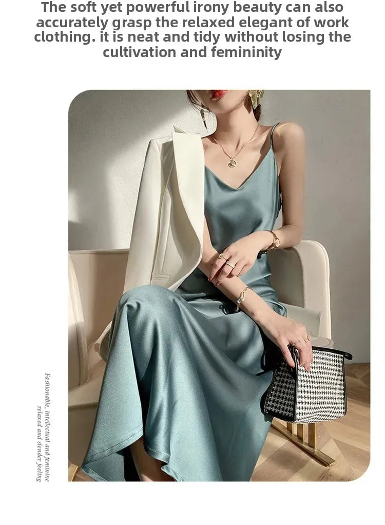 Silk V-neck Slim-fit Satin Dress Sexy Strap Long Gown for Women New 2025 Spring Summer Inner Wear Dress Elegant Lady Dress