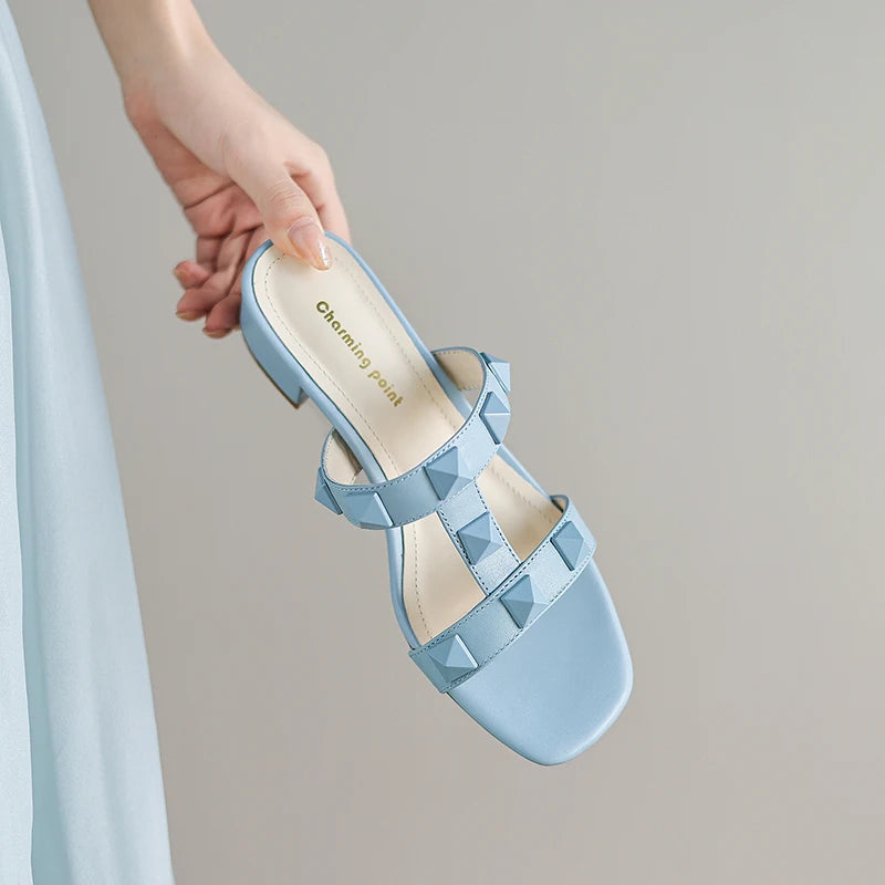 Heeled sandals women's sandals summer  trend luxury Gladiator Genuine Leather Heeled Slippers Rivets Strappy High Heels shoe