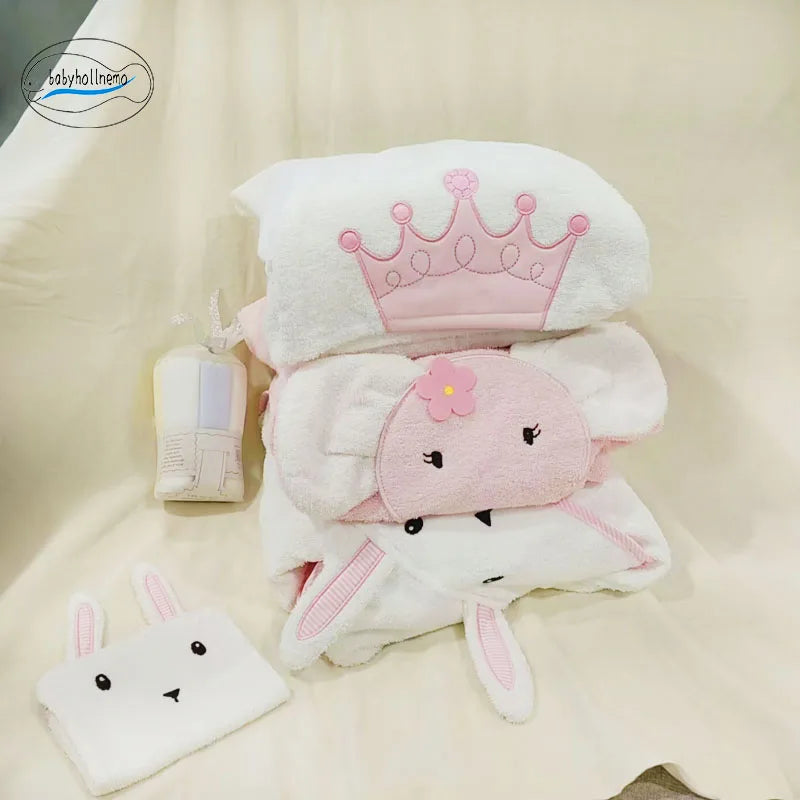 100% Cotton Terry Baby Bathrobe Towel  Cartoon Hooded Skin-Friendly Soft  Absorbent Machine Washable All Season for Toddler 0-3Y