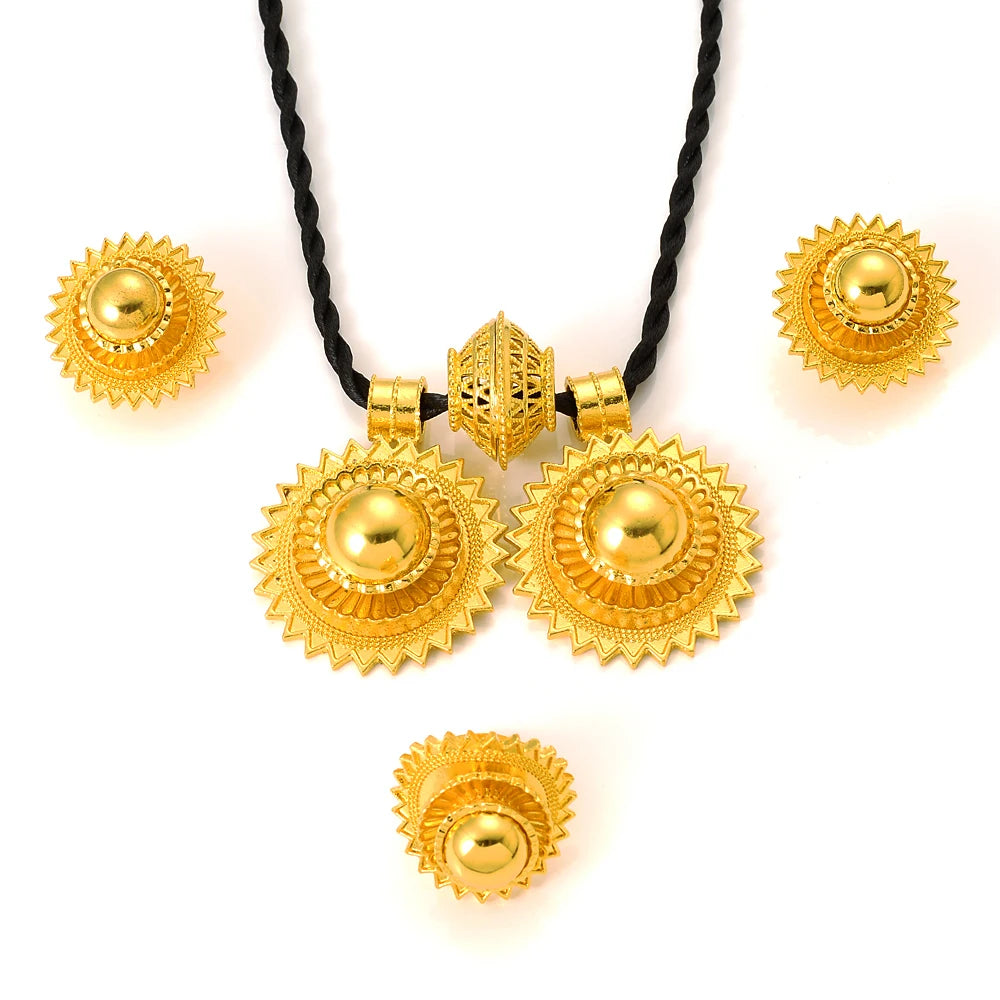 Ethiopian  Jewelry 2pcs Pendant/Necklace/Earring/Ring/Bracelet Gold Color Eritrea Set Man Women's Habesha Wedding Party Gift