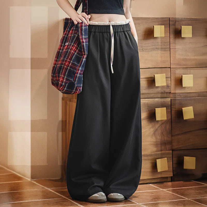 Maden Women's Wide Leg Patchwork Pants Black Elastic Waist with Drawstring Trousers Breathable Office Dress Pants for Summer