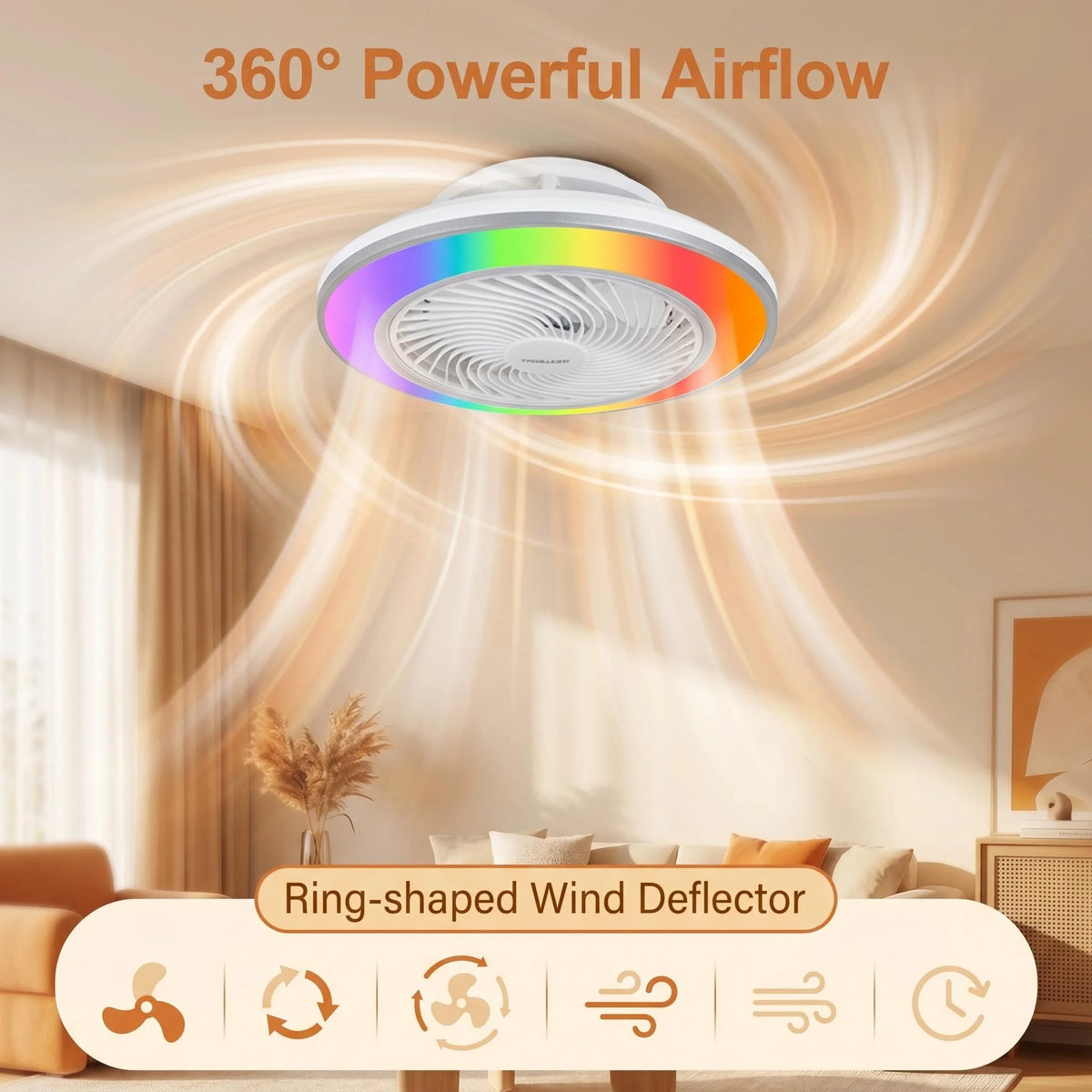 Smart Remote Controlled Ceiling Fan RGB Light AC220V– Variable Frequency Motor with Stepless Speed & Color Temperature Adjustmen