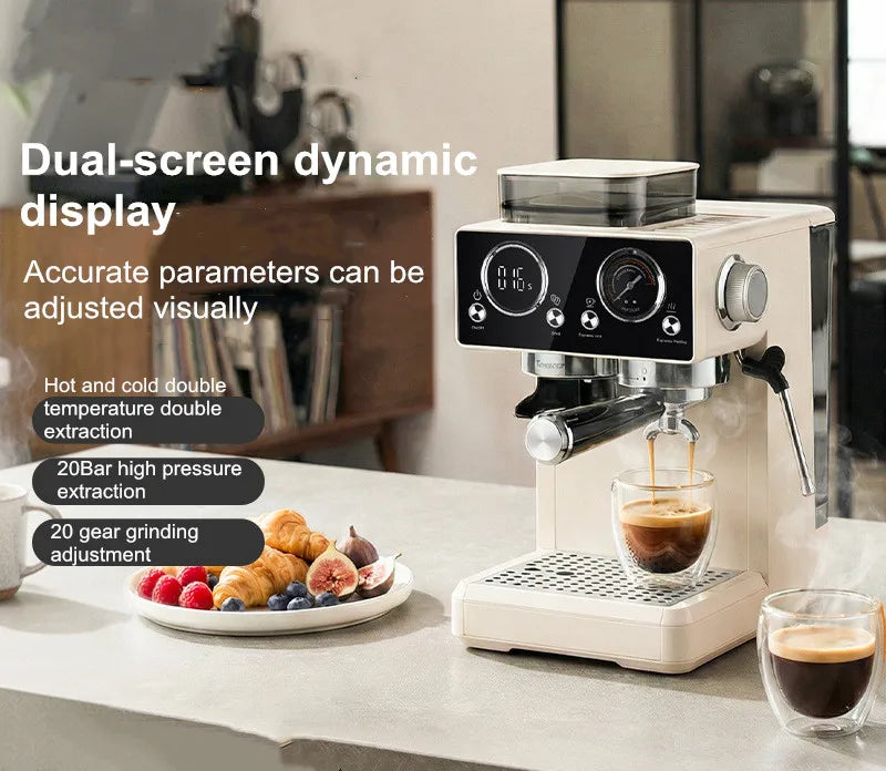 20Bar Semi-Auto Espresso Machine Smart Touch Control with Built-in Grinder, Cold/Hot Brew, Milk Frother for Home/Office
