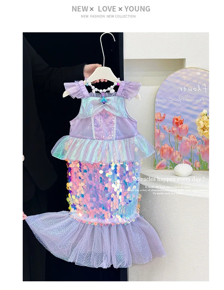 Mermaid Princess Dress Carnival Birthday Party Dress Halloween Mermaid Costume Girl Princess Costume Sequined Fishtail Skirt