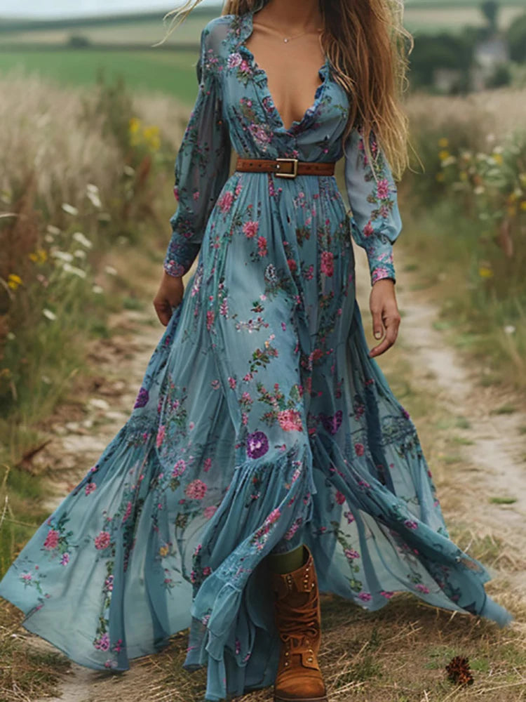 Printing Patchwork Holiday Chic Maxi Dress Women Autumn Long Lantern Sleeve Party Dress 2025 Turn Down Collar Elegant Lady Dress