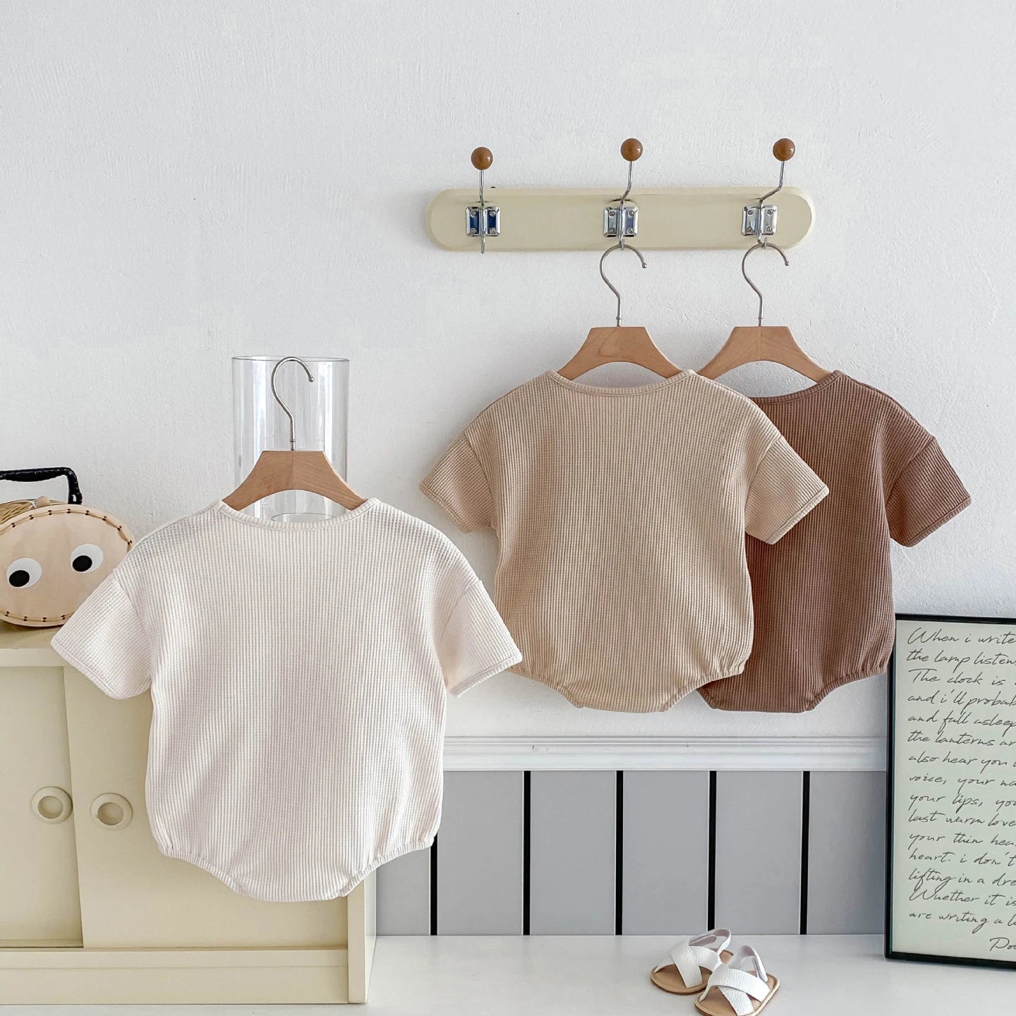 New Korean Style Baby Summer Cotton Simple Comfortable Short - Sleeve Waffle - Knit Onesie with Small Pocket Decoration Romper