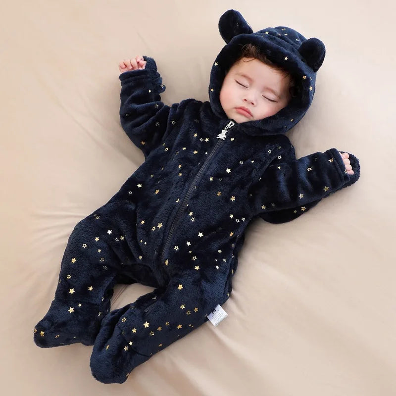 Newborn Baby Flannel Rompers Soft Warm Autumn Winter Bodysuit For Boys Girls Bear Stars Jumpsuit 3-12m Newborn Casual Clothes