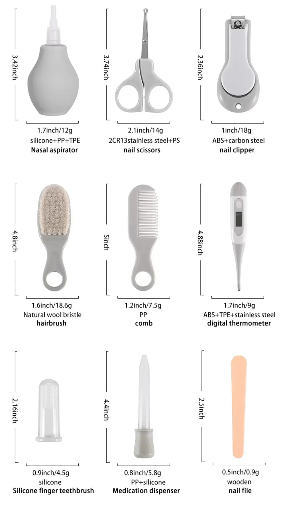 Baby Grooming Kit 9PCS Newborn Care Set with Nail Clipper Hair Brush Comb Thermometer Baby Hygiene Essentials Travel Kit