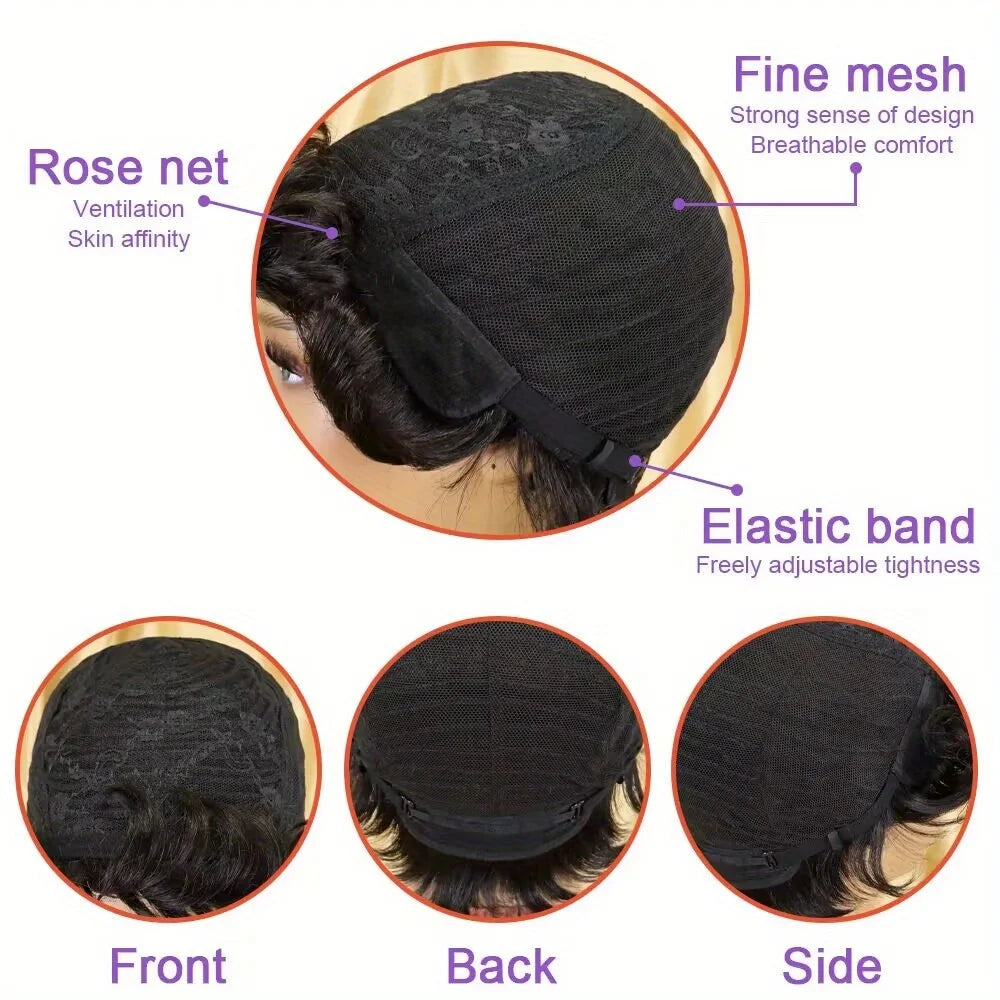 Pixie Cut wigs for Black Women Straight Human Hair Wigs with Bangs Natural 1B Color Wig Short Layered Full Machine Made Wig