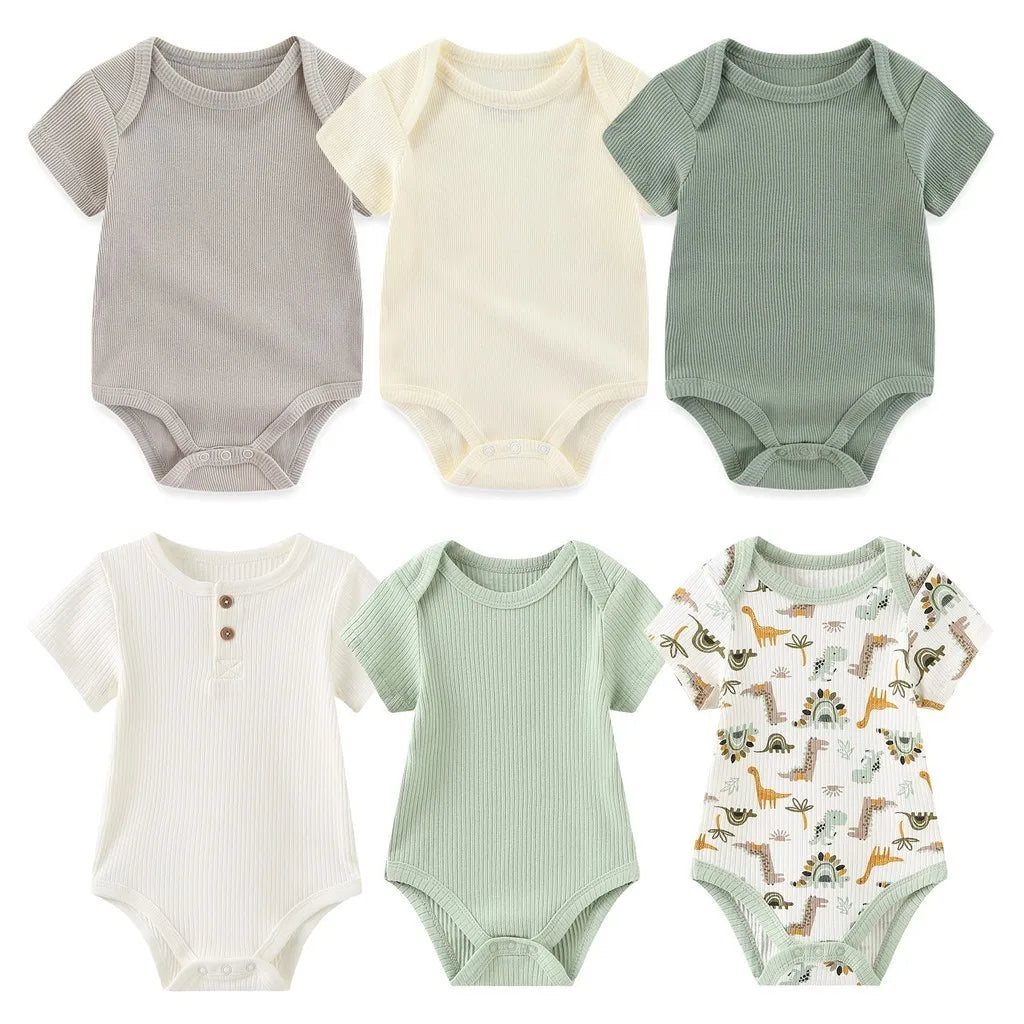Newborn Ribbed Bodysuits Set 6PCS Cotton Baby Girl Clothes Animal Print Baby Boy clothes Solid Color Short Sleeve