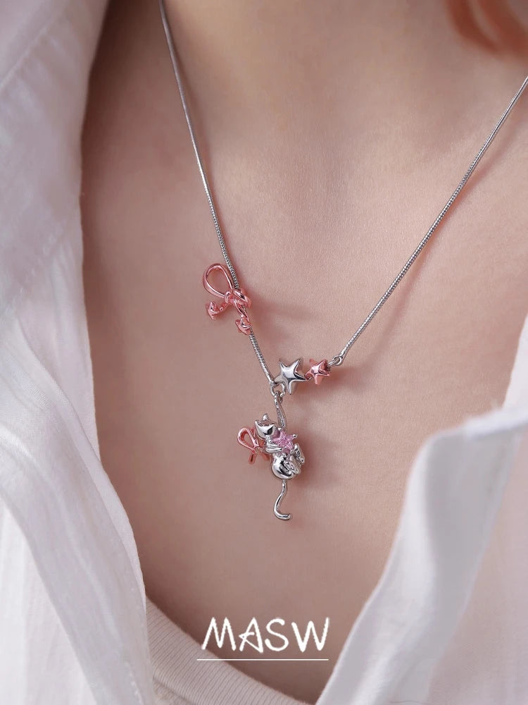 MASW Original Design Luxury Temperament Pink Bowknot Cats Pendant Necklace For Women Party Gifts Fashion Jewelry Accessories