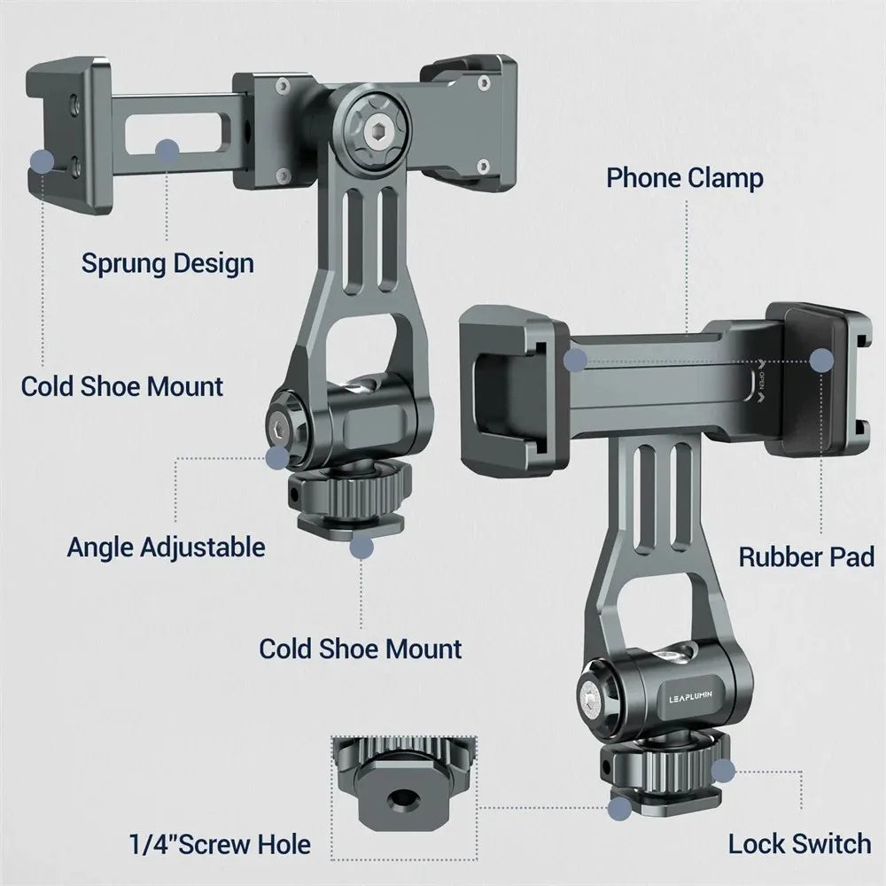 LEAPLIGHT Upgrade Aluminum Phone Tripod Mount Smartphone Holder Adapter W Arca Cold Shoe for iPhone 15 14 13 Phone Mic Light