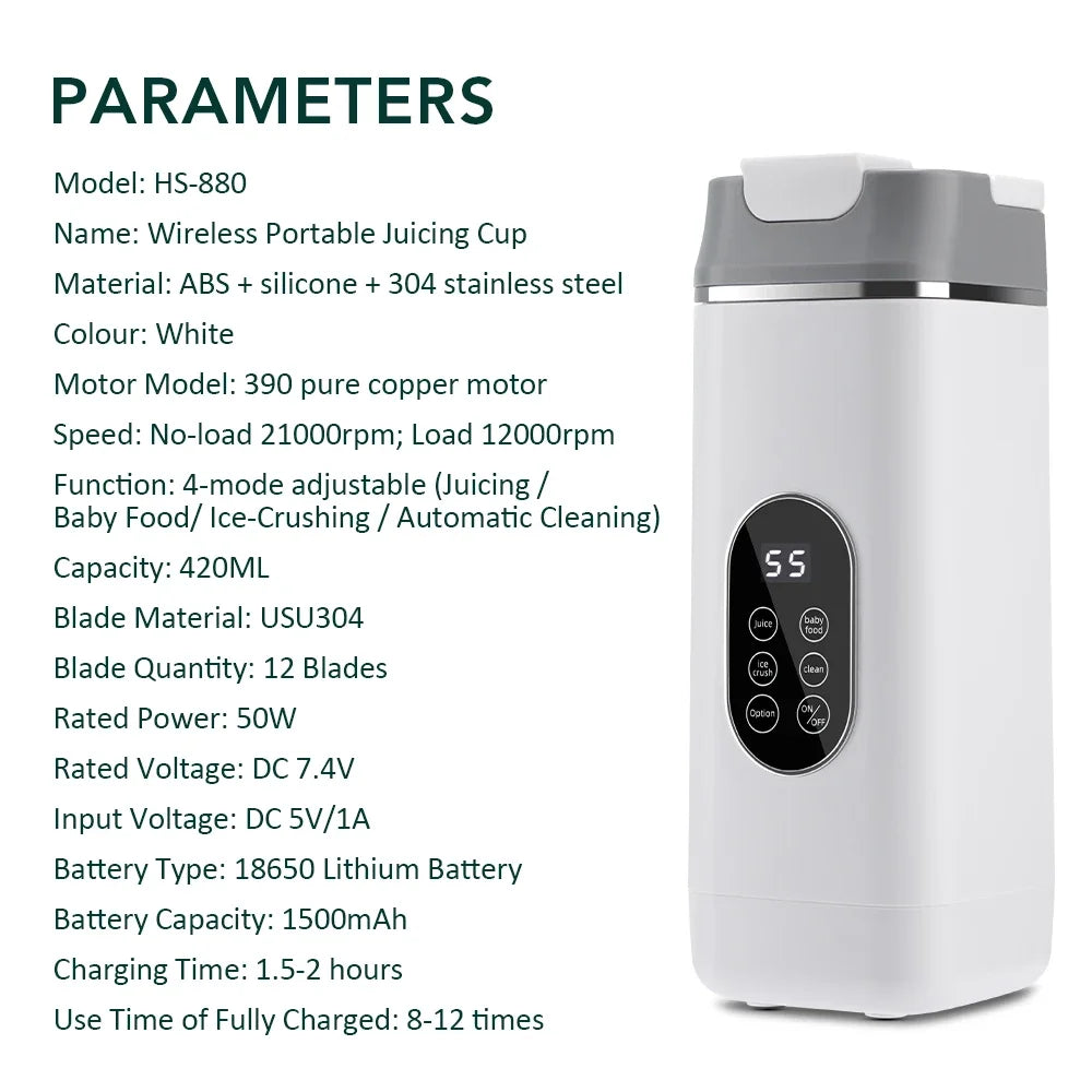 400ML Portable Electric Juicer 2 Cup Home Mini Multifunctional Wireless Blender USB Rechargeable Small Juice Cup Mixer Machine
