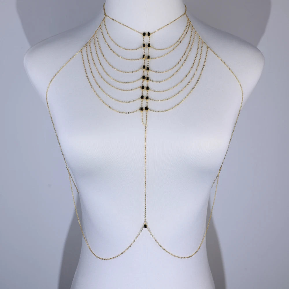 Multi-layer Body Chain Necklace Dress Women Sexy Harness with Colorful CZ Paved Hollow Bling Tassel Chain Fashion Party Jewelry