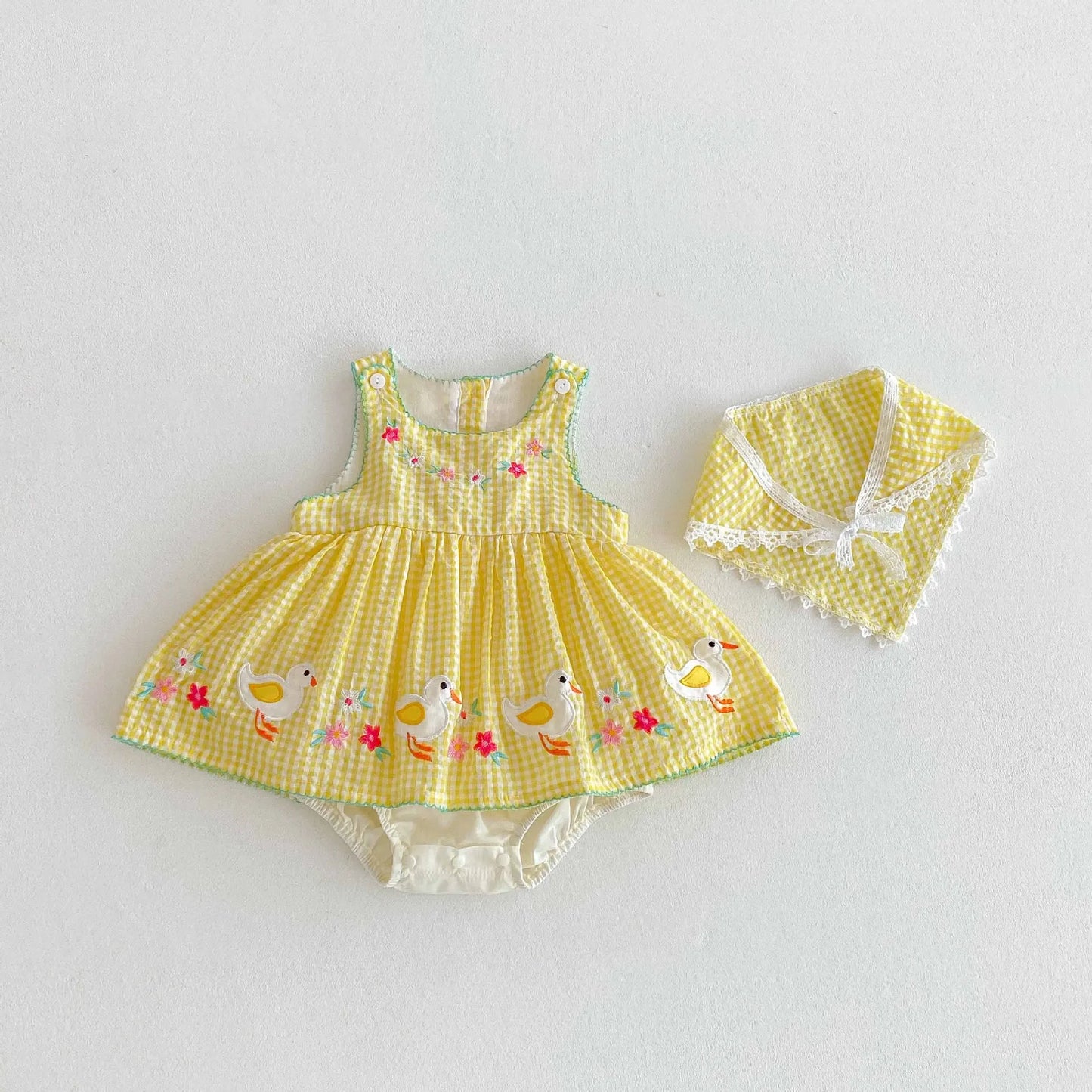 Baby Girl Summer Stylish Sweet Thin Class A Cotton Romper Dress - Cute Cartoon Duck Pattern Yellow Checkered Sleeveless Onesie
