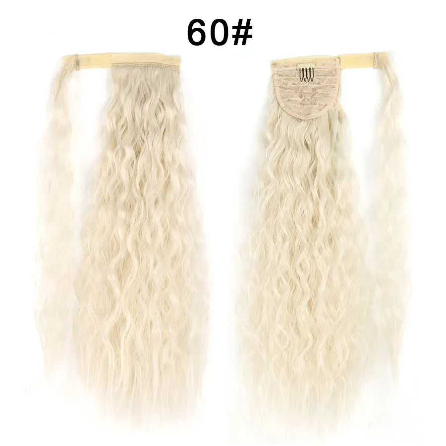 Synthetic Long Corn Wave Ponytail Extension Magic Paste Heat Resistant Wavy Wrap Around Ponytail Black Hairpiece for Women