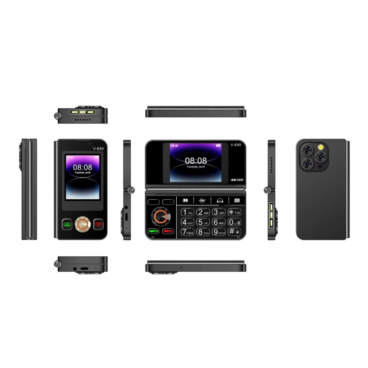 V-899 Bluetooth Folding 2G Cellphone 2.8``2.4``Dual Screen Display MTK6261A 32MB RAM 64MB ROM Dual SIM 3.0MP Type-C Torch Phone