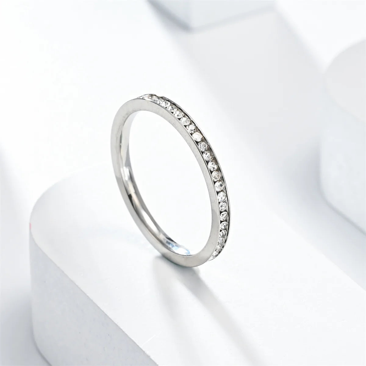 Unisex Luxury 2mm Stainless Steel Cubic Zircon Ring Gold Silver Color Adjustable Statement Band for Men And Women US Size 5-11