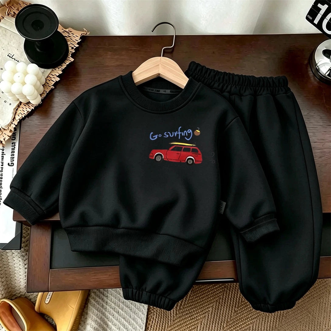 Autumn Costume Long-sleeved Outfits Kids Round Neck Sweatshirts Solid Color Pants 2pcs Toddler New Printed Hoodie Trousers