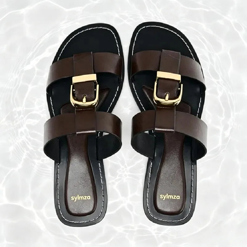 Fashion Metal Buckle Decoration Flat Sandal Women Unique Double Narrow Band Design Flats Summer Sexy Open Toe Holiday Beach Shoe