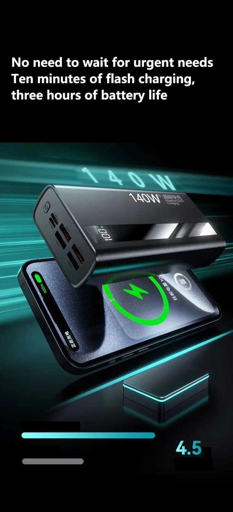 Lenovo CCC 500000mAh 140W Powerbank Super Fast Charging Portable Battery Charger Ultra Capacity LED Digital Display