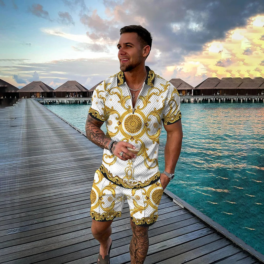 Men Tracksuit Summer New 3D Printed Beach Zipper Polo Shirts Shorts 2 Pcs Sets Boho Geometric Style Holiday Clothing Ropa Hombre