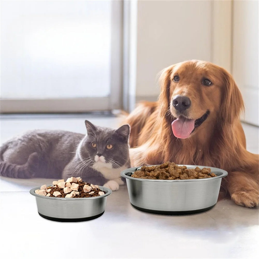 Stainless steel dog bowl, available in three sizes, with a silicone non-slip base, suitable for small, medium, and large dogs