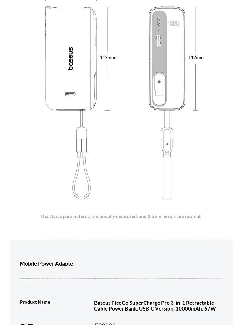 Baseus 67W Pro 3 In 1 Portable Power Bank Retractable Cable Charger 3C Certified Airline Approved For Smartphone 10000mah