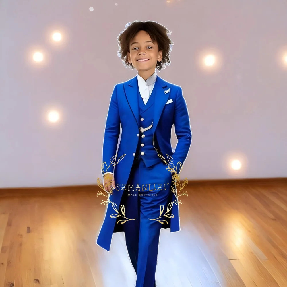 Children Formal Tuxedos Boys Suit Light Grey Long Jacket Vest Pants Sets for Piano Performance Birthday Party Costume Tailored